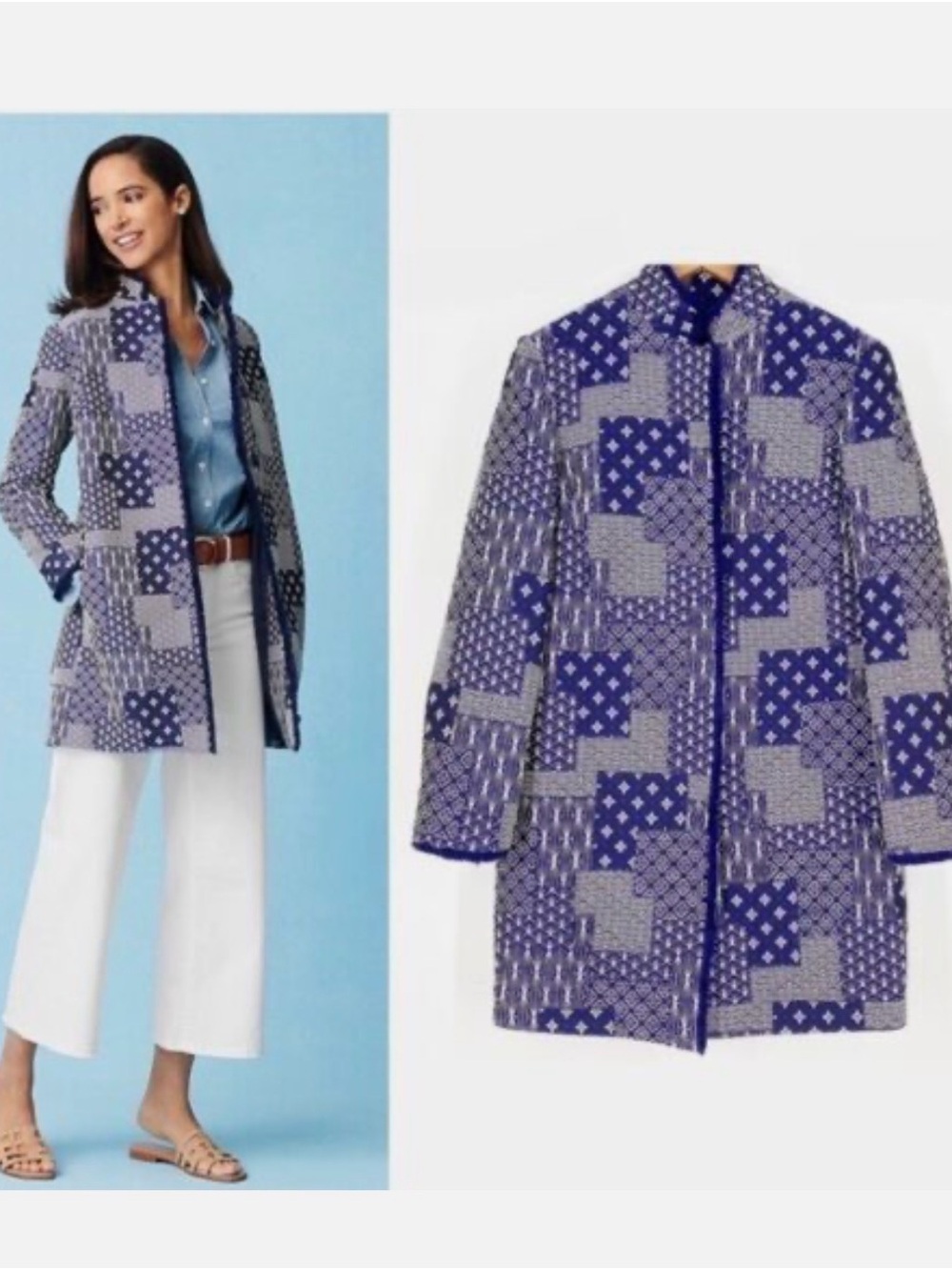 J. McLaughlin Blue Patchwork-Print Open Front Peacoat